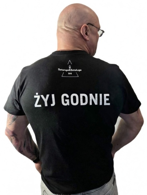 Rozmiar M – ŻYJ GODNIE czarna koszulka z mocnym hasłem | M Męska